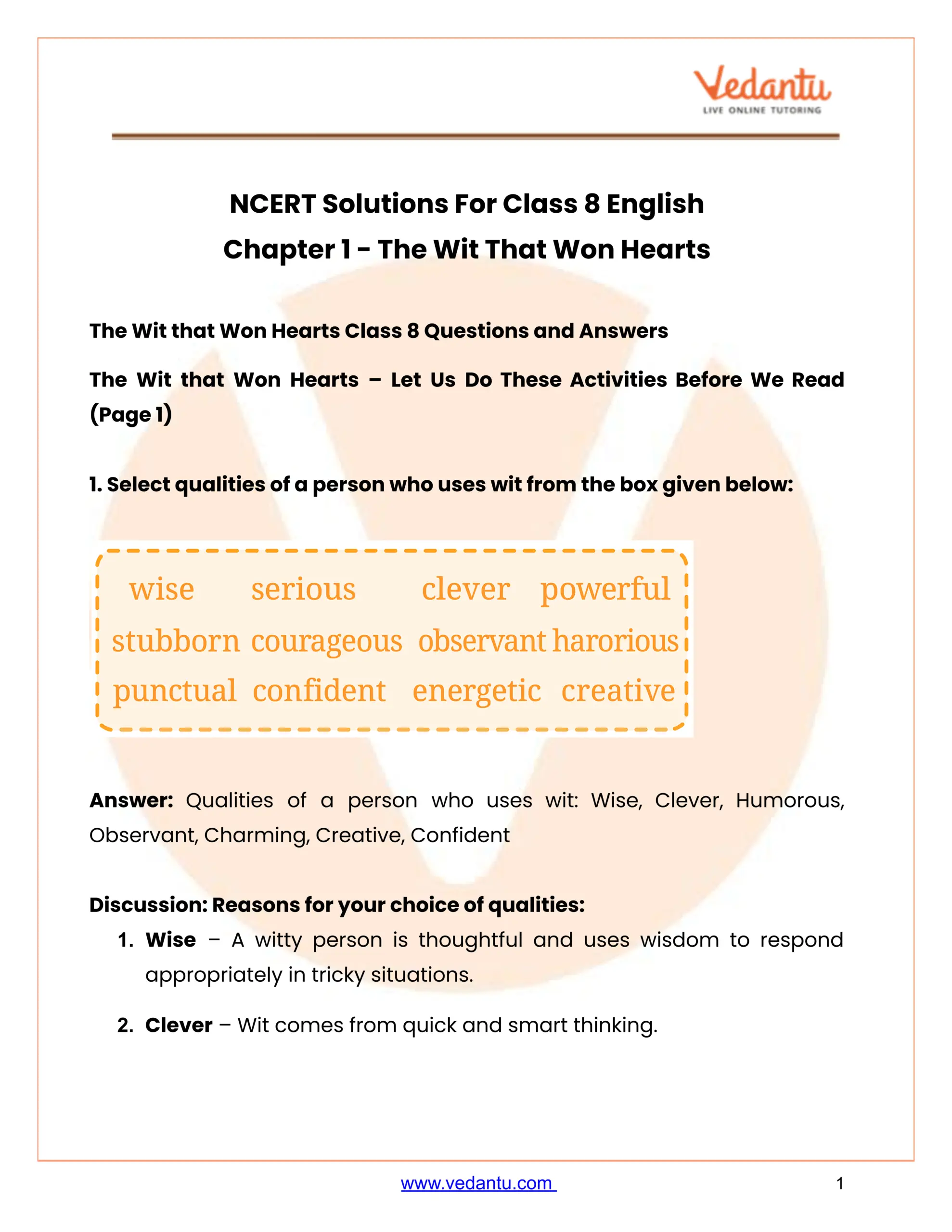 NCERT Solutions Class 8 English Chapter 1 The Wit That Won Hearts