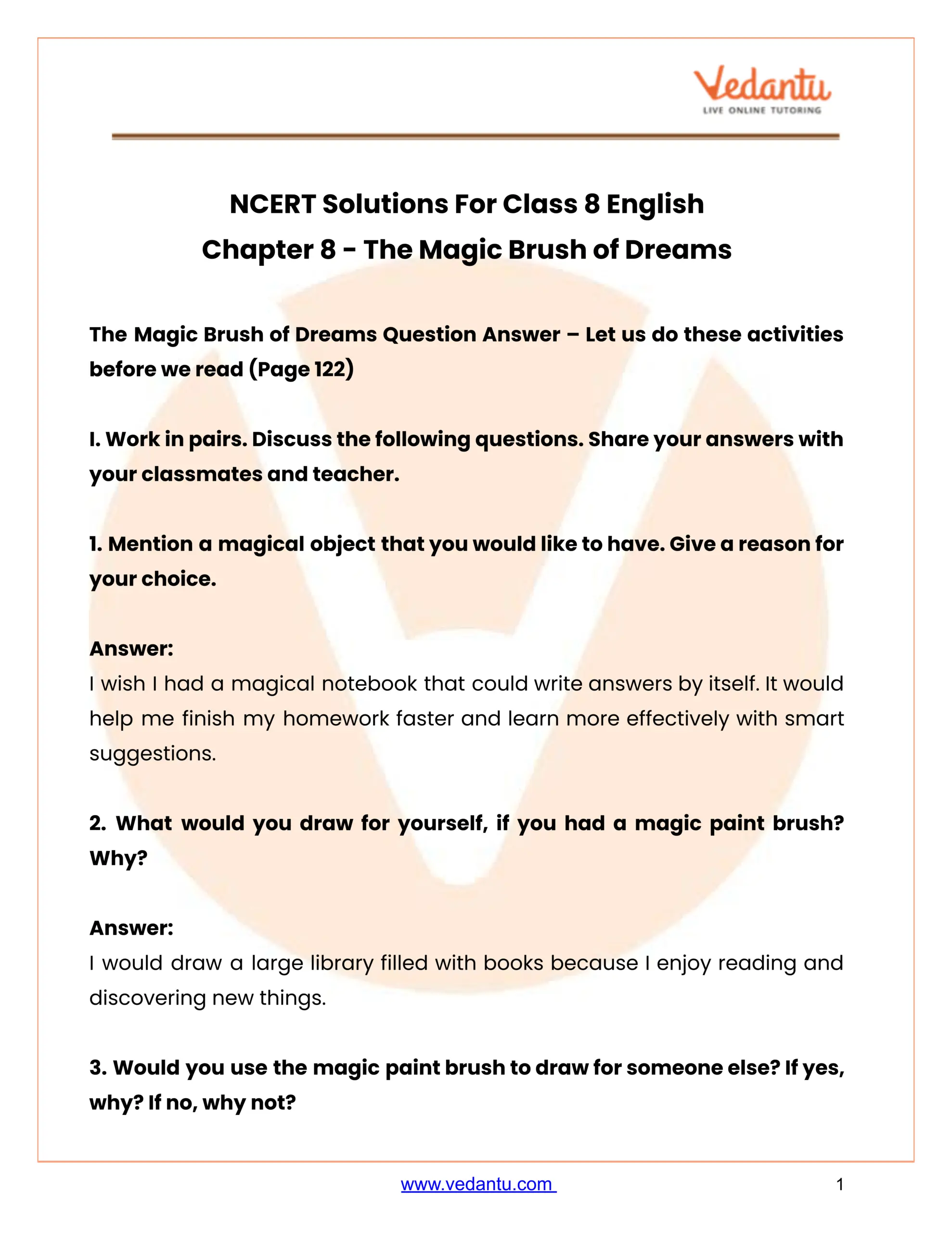 NCERT Solutions Class 8 English Poorvi Chapter 8 The Magic Brush Of Dreams