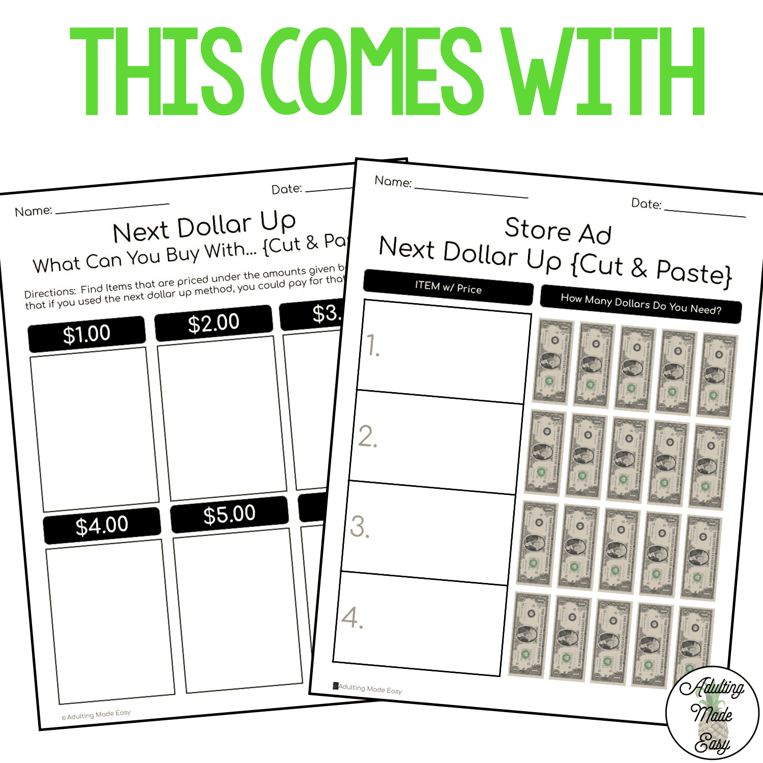 Next Dollar Up Store Ads Cut Paste Worksheets