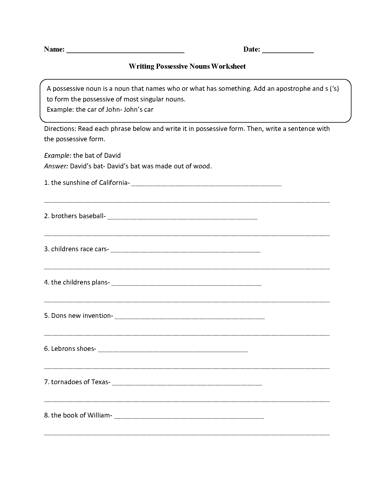Nouns Worksheets Possessive Nouns Worksheets