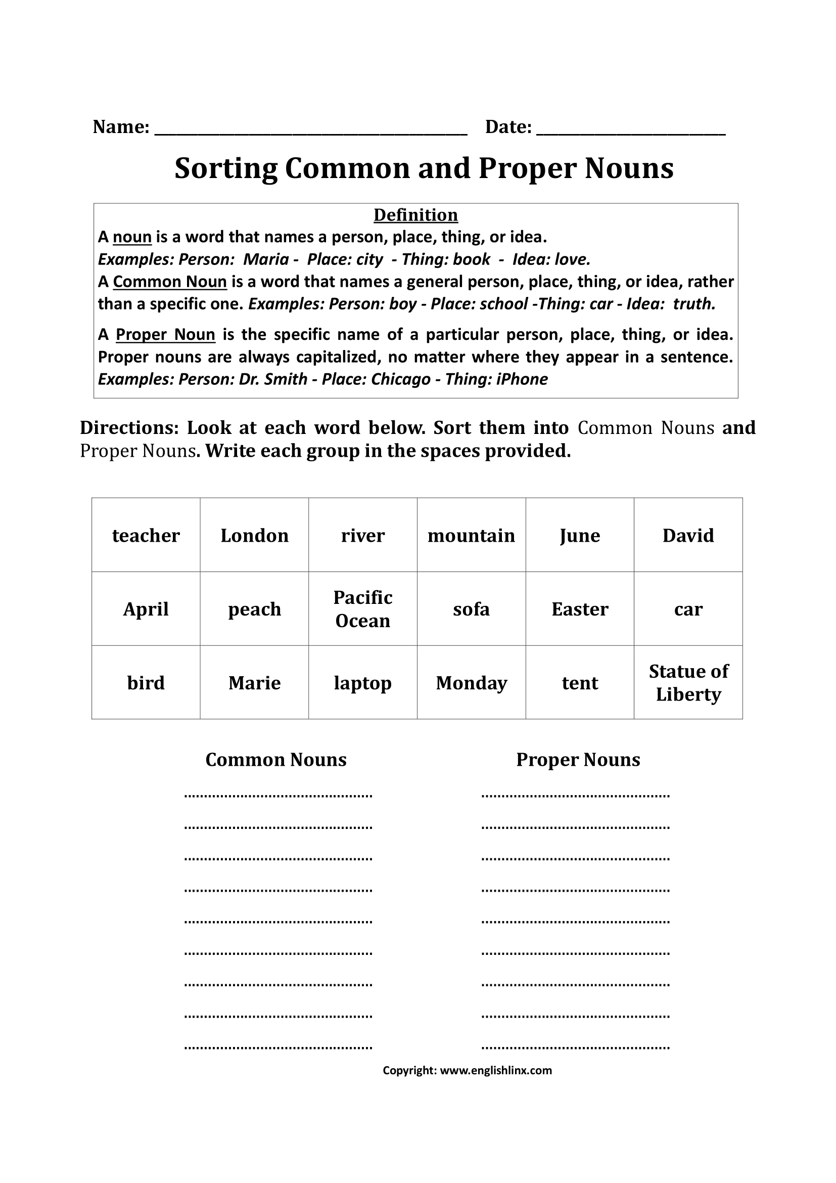 Nouns Worksheets Proper And Common Nouns Worksheets