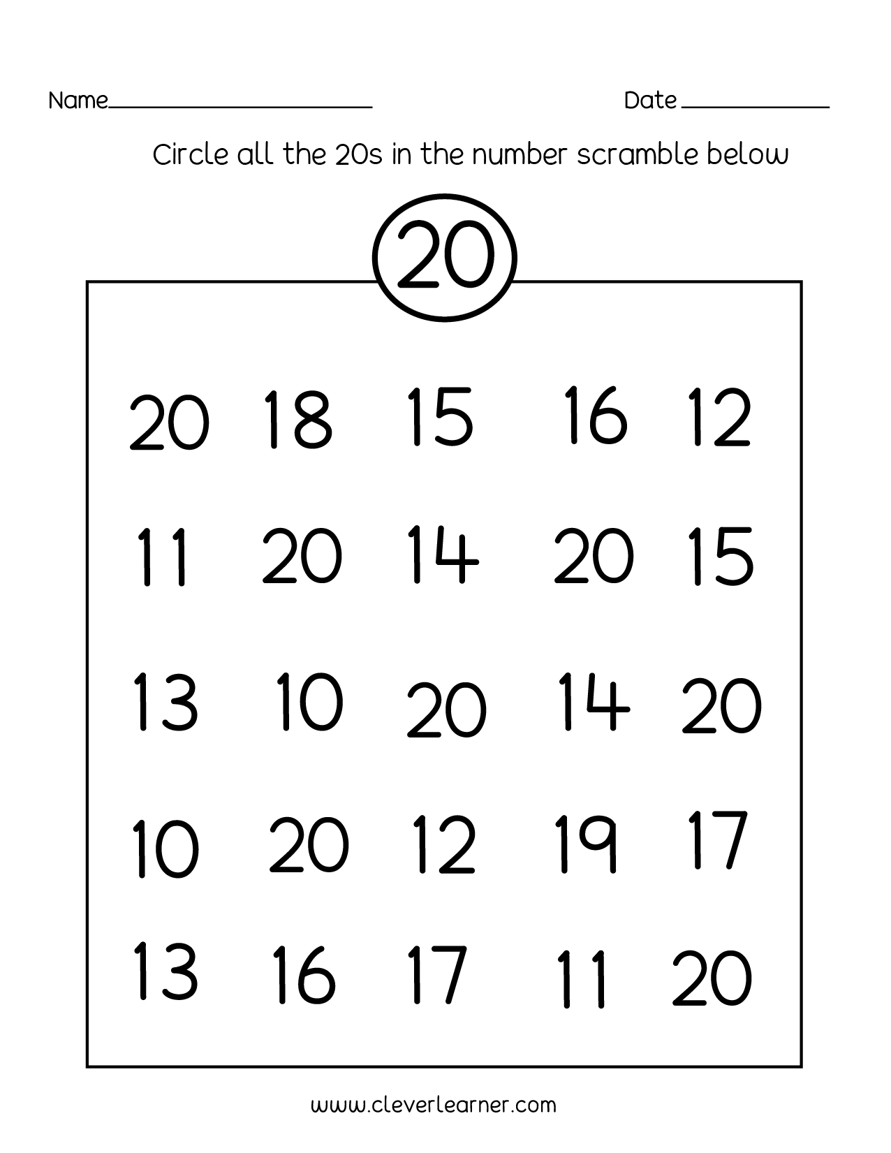 Number 20 Writing Counting And Identification Printable Worksheets For Children