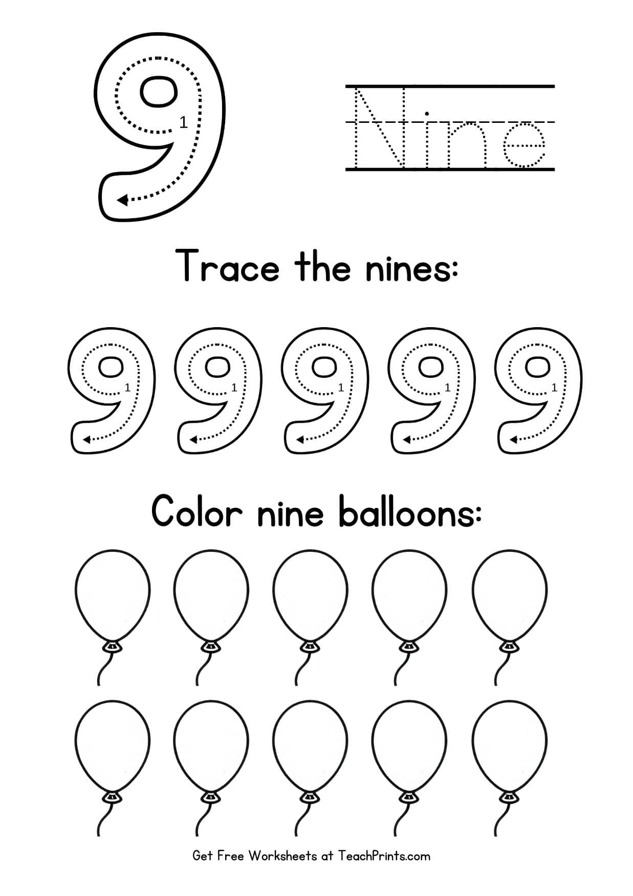 Free Preschool Number Nine Learning Worksheet