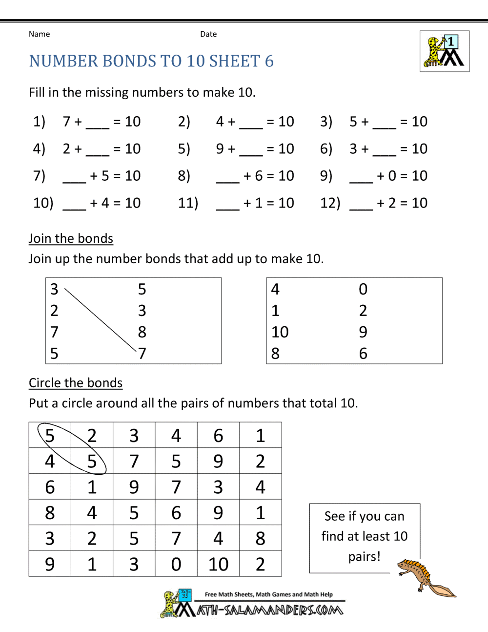 Number Bonds To 10 Worksheets
