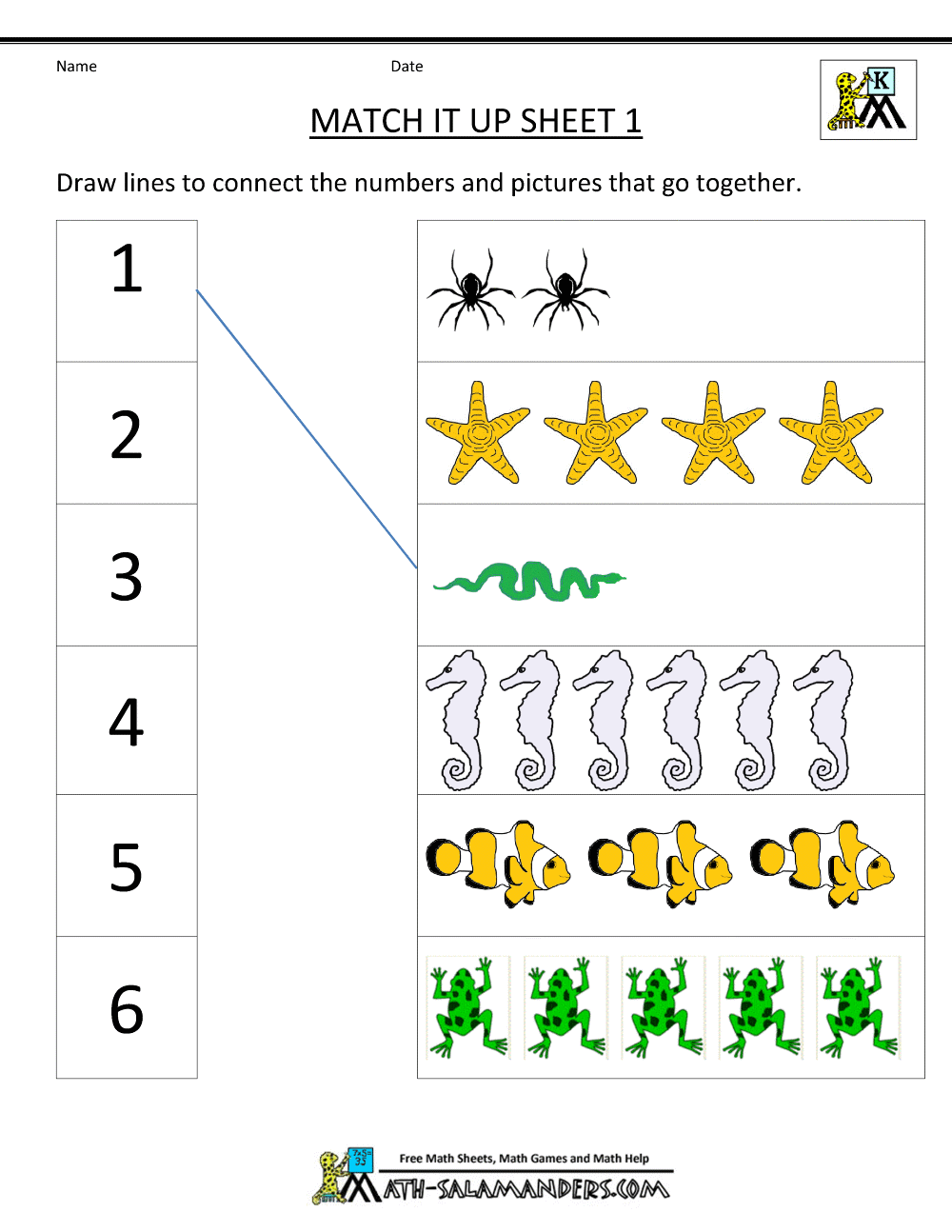 Number Matching Worksheets 1 10