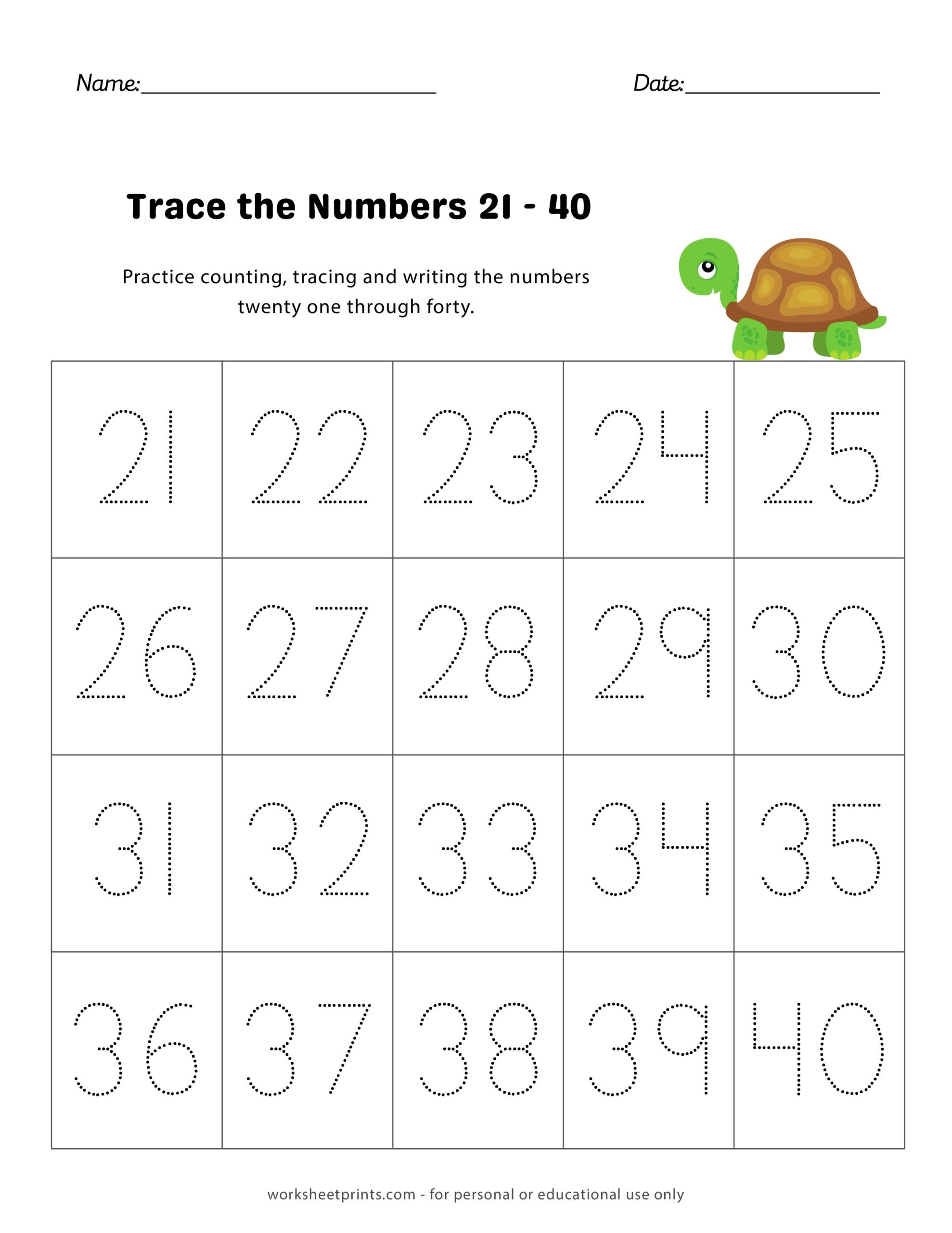 Number Tracing 21 40 Preschool And Kindergarten Worksheets