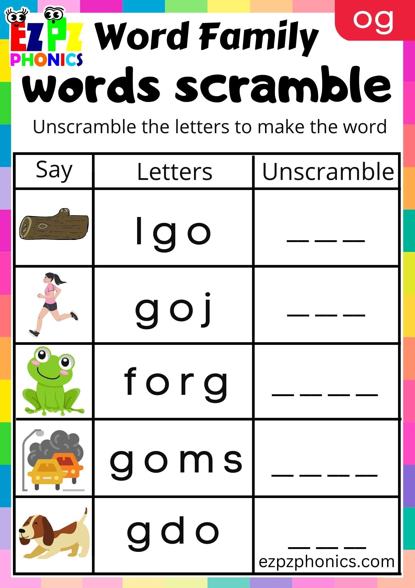 FREE Og Word Family Worksheets For Kindergarten
