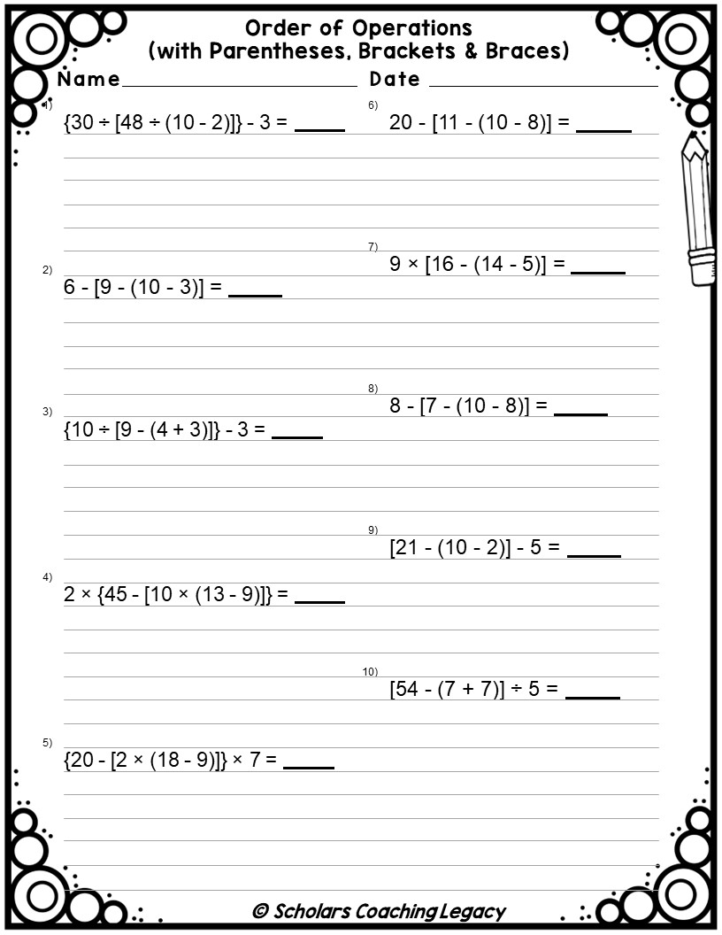 Order Of Operations With Parentheses Brackets Braces Worksheet Math Problems Made By Teachers
