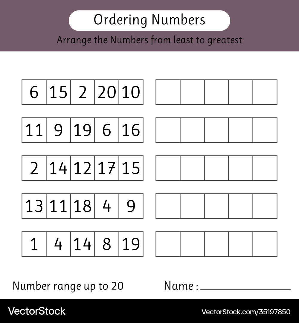 Ordering Numbers Worksheet Number Range Up To 20 Royalty Free Vector VectorStock