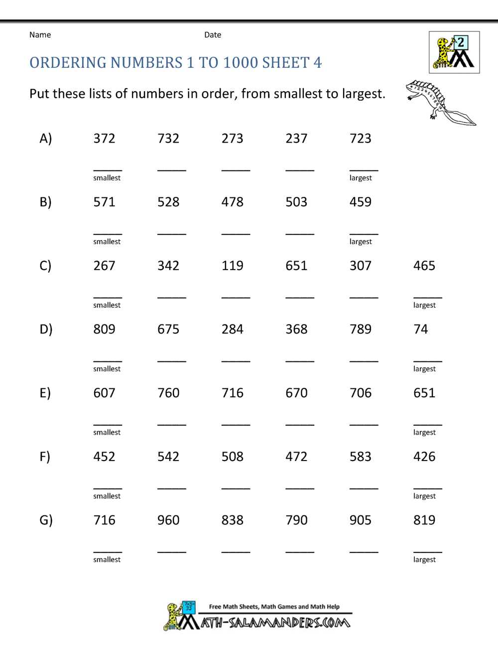 Ordering Numbers Worksheets Up To 1000
