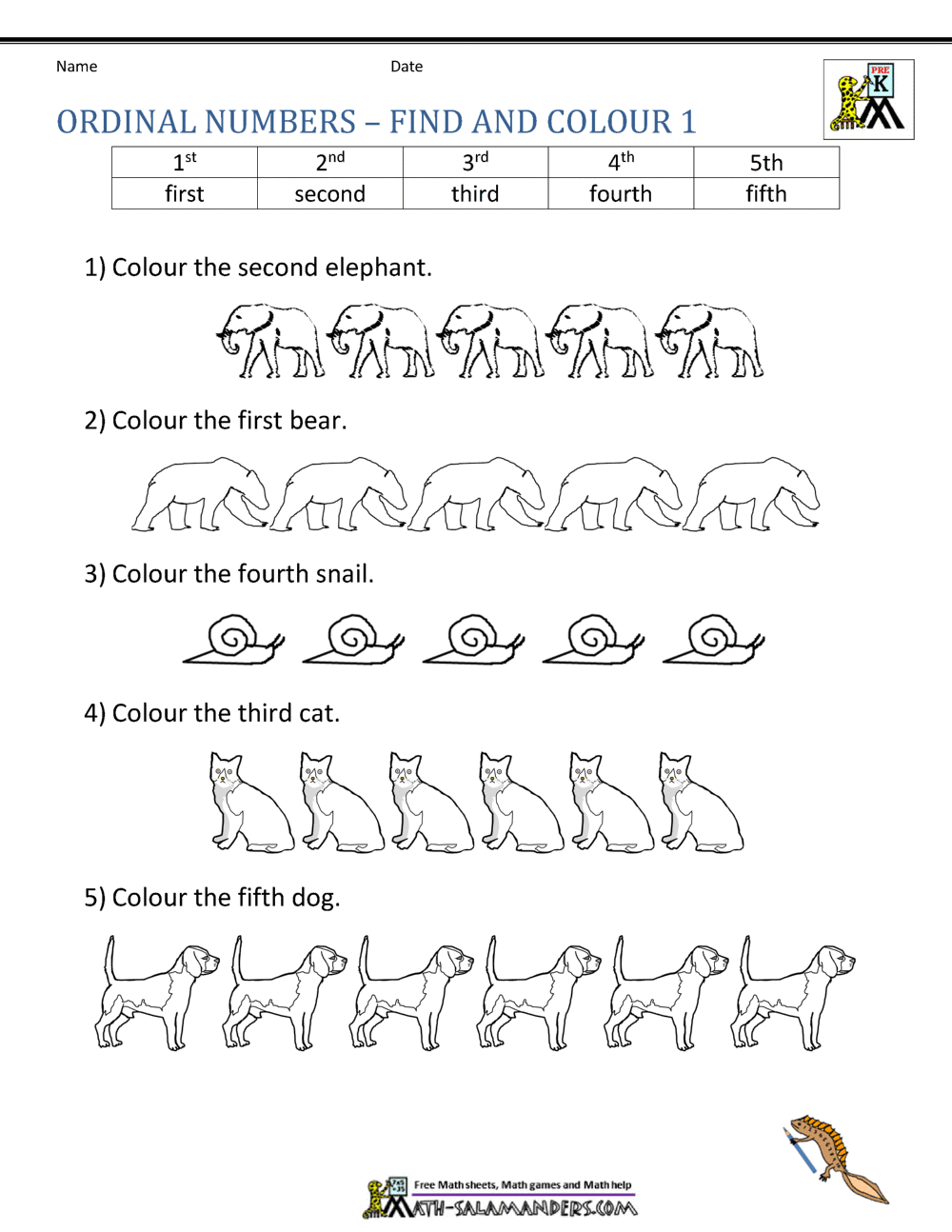 Ordinal Number Worksheets
