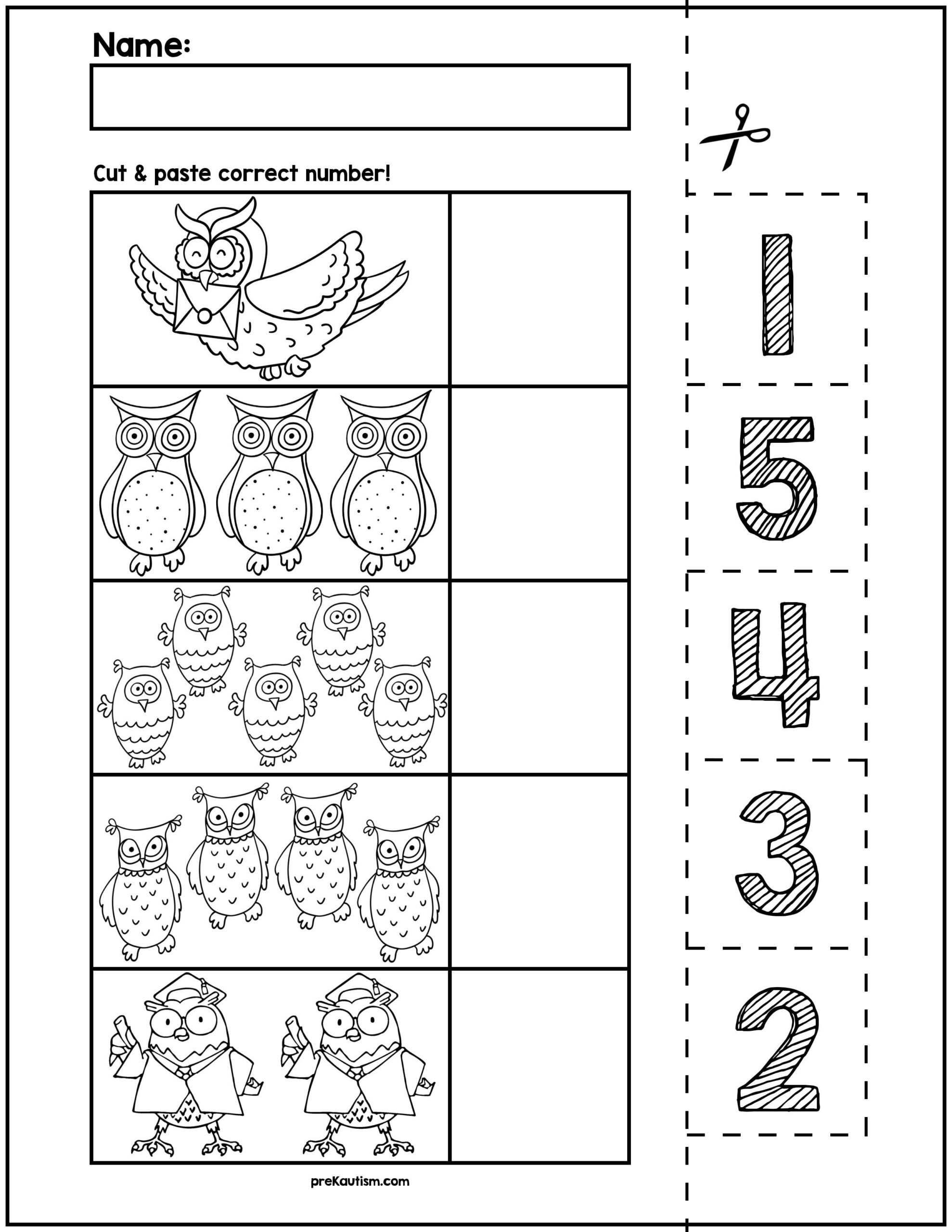 Owl Cut Match Worksheets Numbers 1 5 By PreKautism TPT