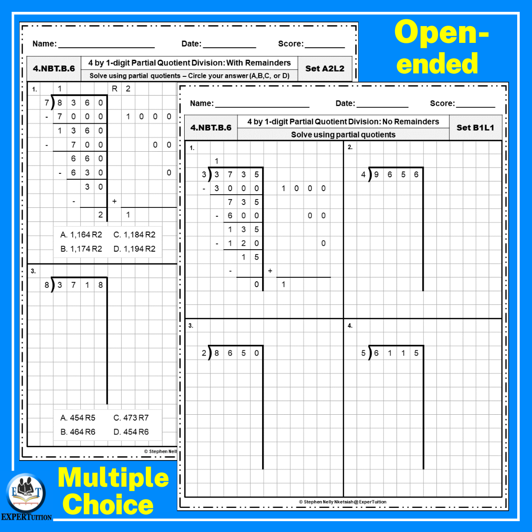 Partial Quotients Division Practice Worksheets 4 Digit By 1 Digit Classful