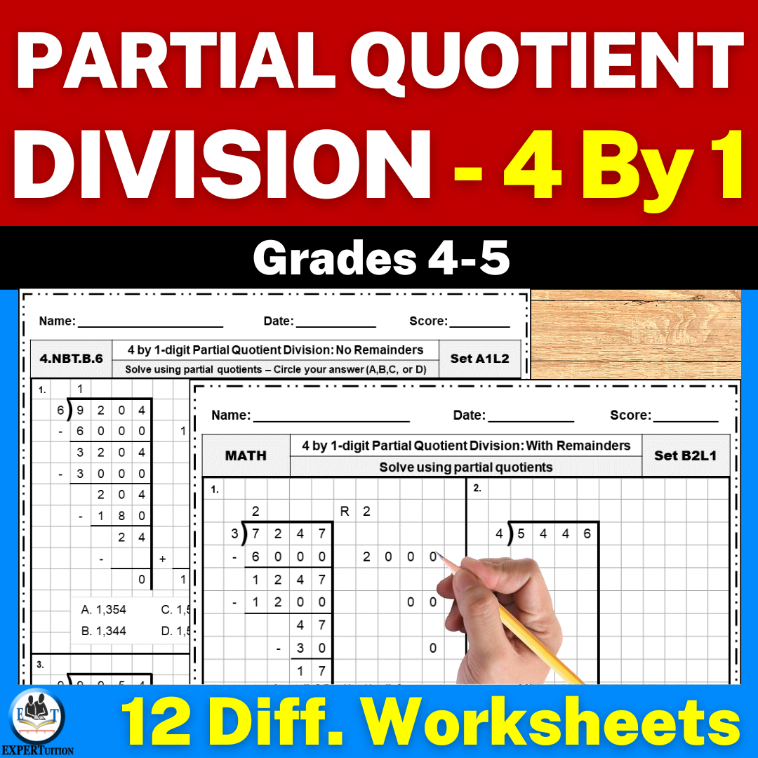 Partial Quotients Division Practice Worksheets 4 Digit By 1 Digit Classful