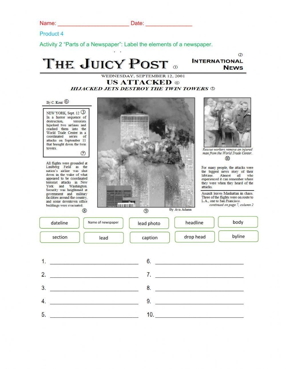 Parts Of A Newspaper Worksheet Worksheets Library