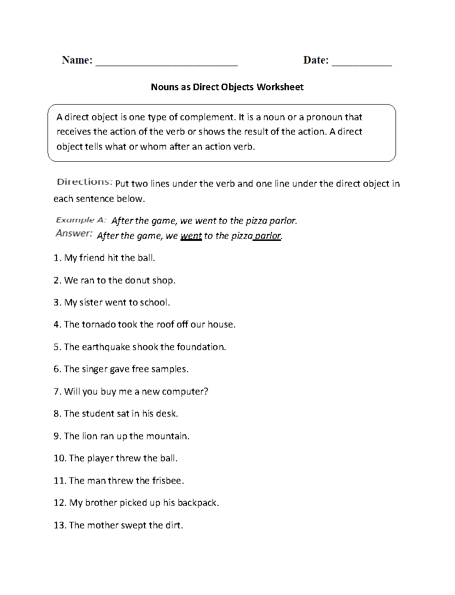 Parts Of A Sentence Worksheets Direct And Indirect Objects Worksheets