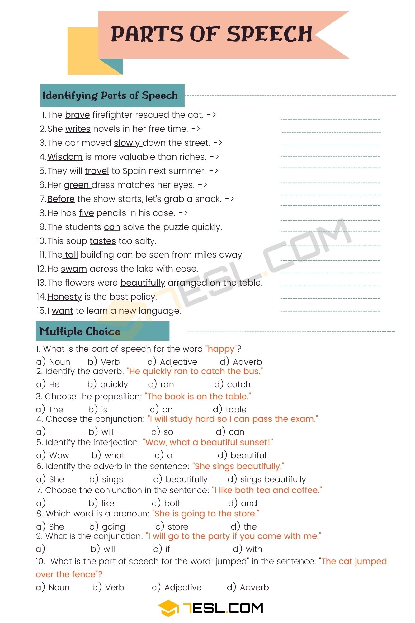 Parts Of Speech Worksheet Parts Of Speech Exercises 7ESL Identify Parts Of Speech ESL Worksheet By Mariajane