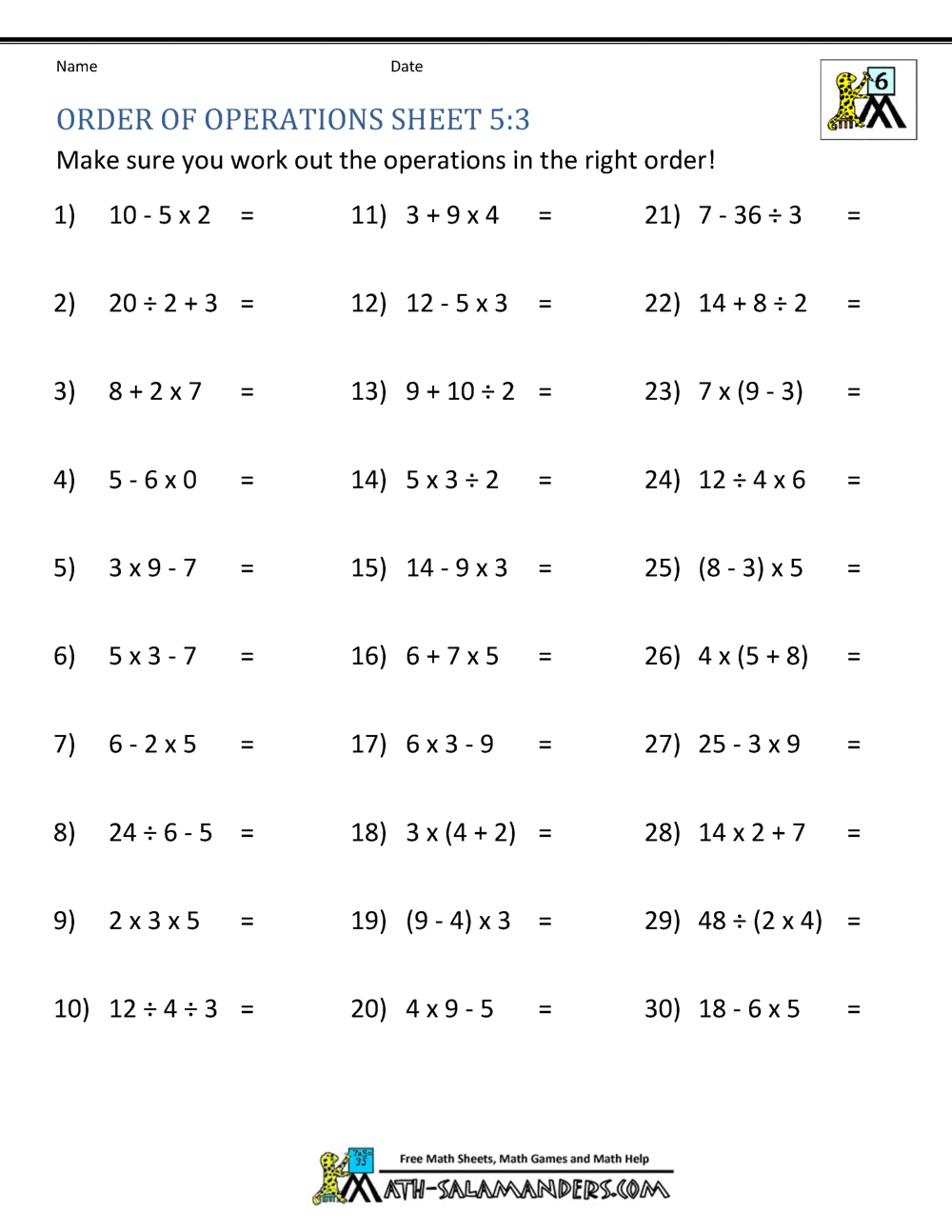 Free Printable Simple Order Of Operations Worksheet