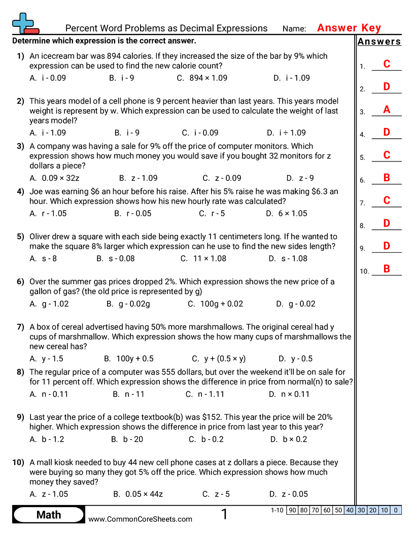 Percent Word Problems As Decimal Expressions Worksheet Download