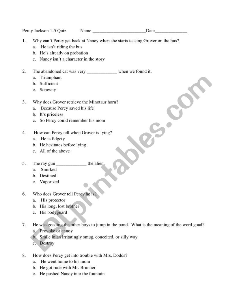 Percy Jackson Lighnting Thief Quiz Chapters 1 5 ESL Worksheet By Bkpittman1