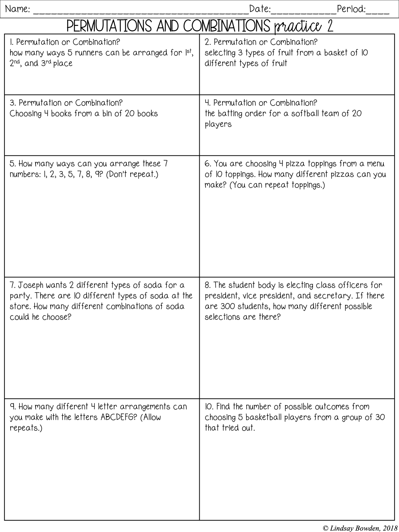 Permutations And Combinations Notes And Worksheets Lindsay Bowden Worksheets Library