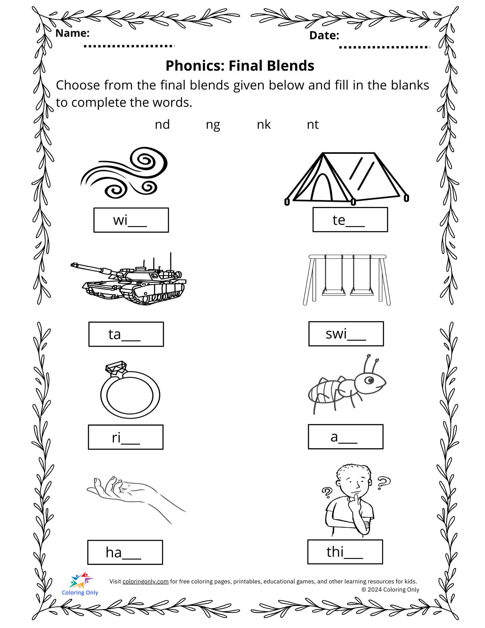 Phonics Final Blends Free Printable Worksheet