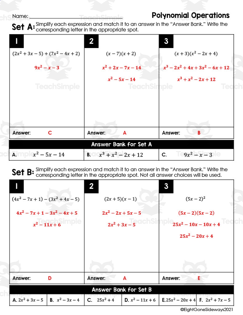 Polynomial Operations Leveled Checking Worksheet By Teach Simple Polynomial Operations Leveled Checking Worksheet By Teach Simple