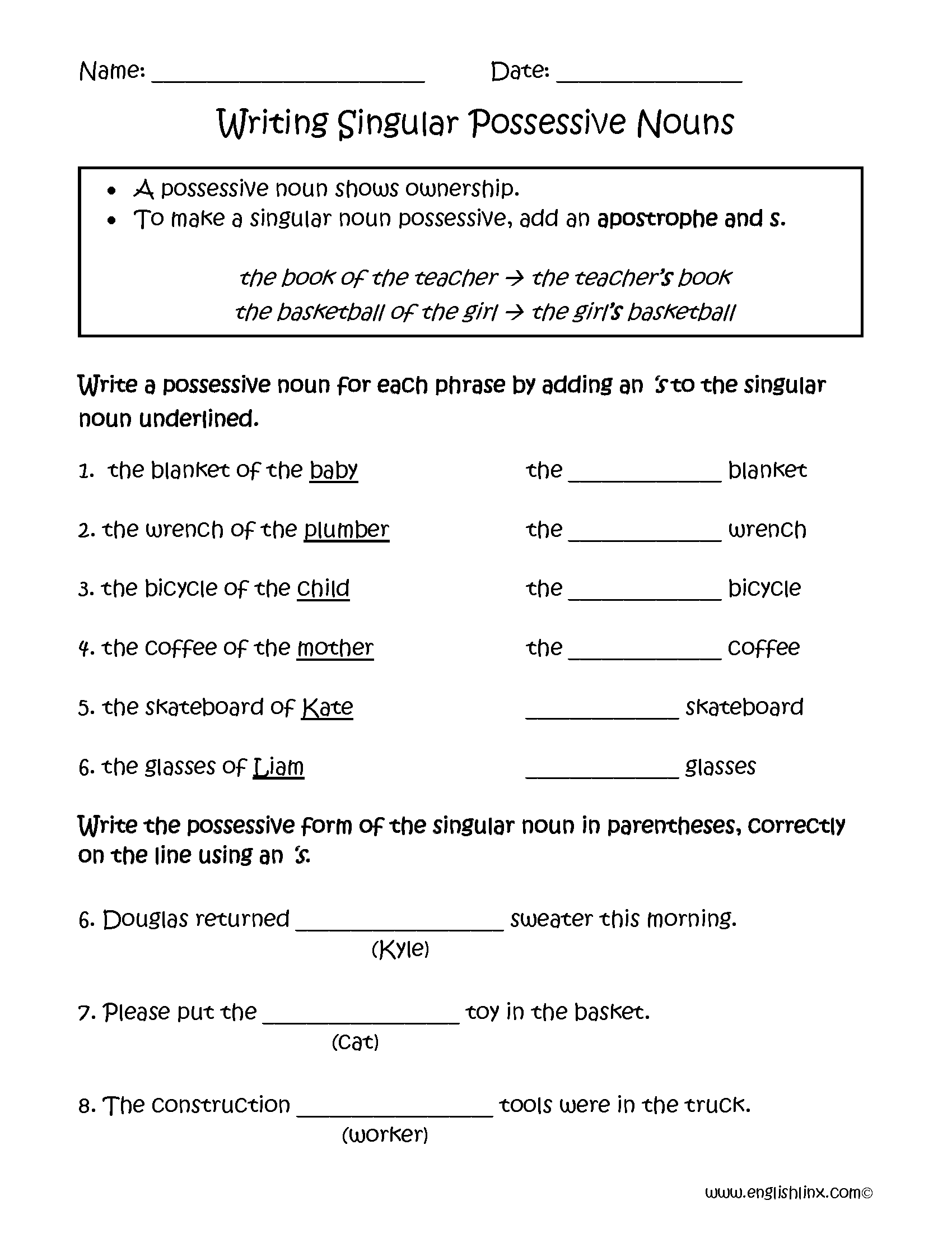 Possessive Nouns Worksheets Writing Singular Possessive Nouns Worksheets