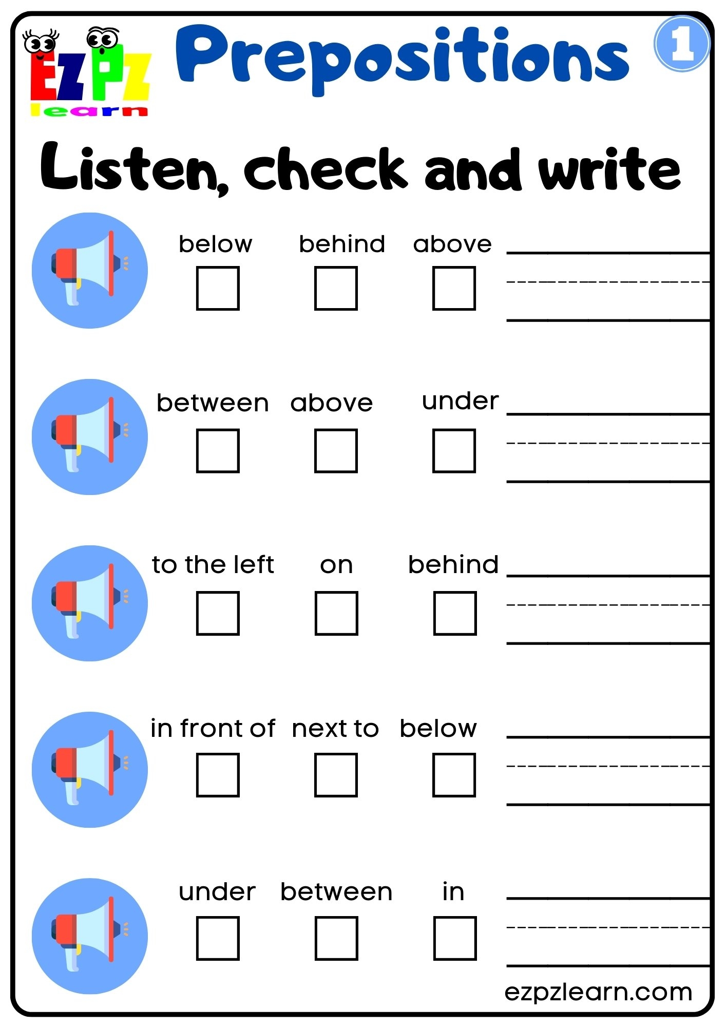Prepositions Of Place Vocabulary Interactive Worksheet Listen Check And Write The Words Activity For Kindergarten K5 And ESL Students G1 Ezpzlearn
