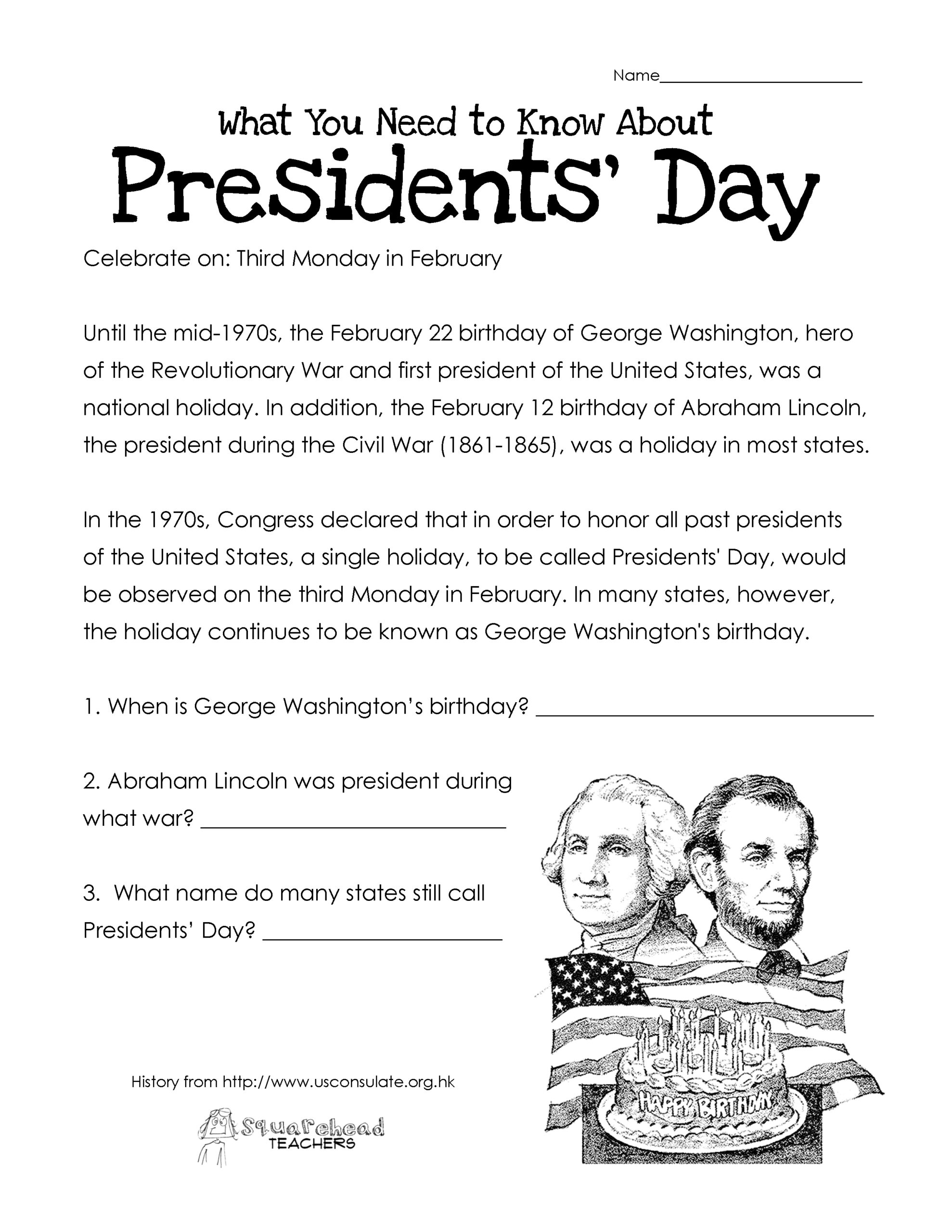Presidents Day Free Worksheet UPDATED Squarehead Teachers