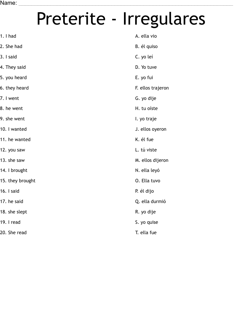 Preterite Irregulares Worksheet WordMint