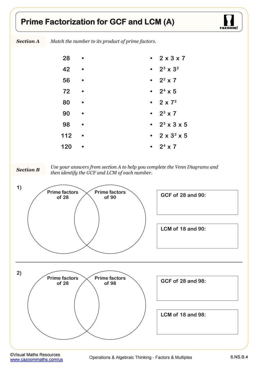 Prime Factorization For GCF And LCM A Worksheet PDF Printable Operations Algebraic Thinking Worksheet Cazoom Math Prime Factorization For GCF And LCM A Worksheet PDF Printable Operations Algebraic Thinking Worksheet Cazoom Math
