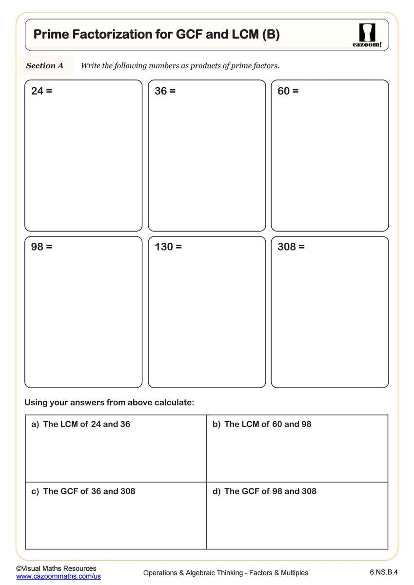 Prime Factorization For GCF And LCM B Worksheet Fun And Engaging 6th Grade PDF Worksheets Cazoom Math Prime Factorization For GCF And LCM B Worksheet Fun And Engaging 6th Grade PDF Worksheets Cazoom Math