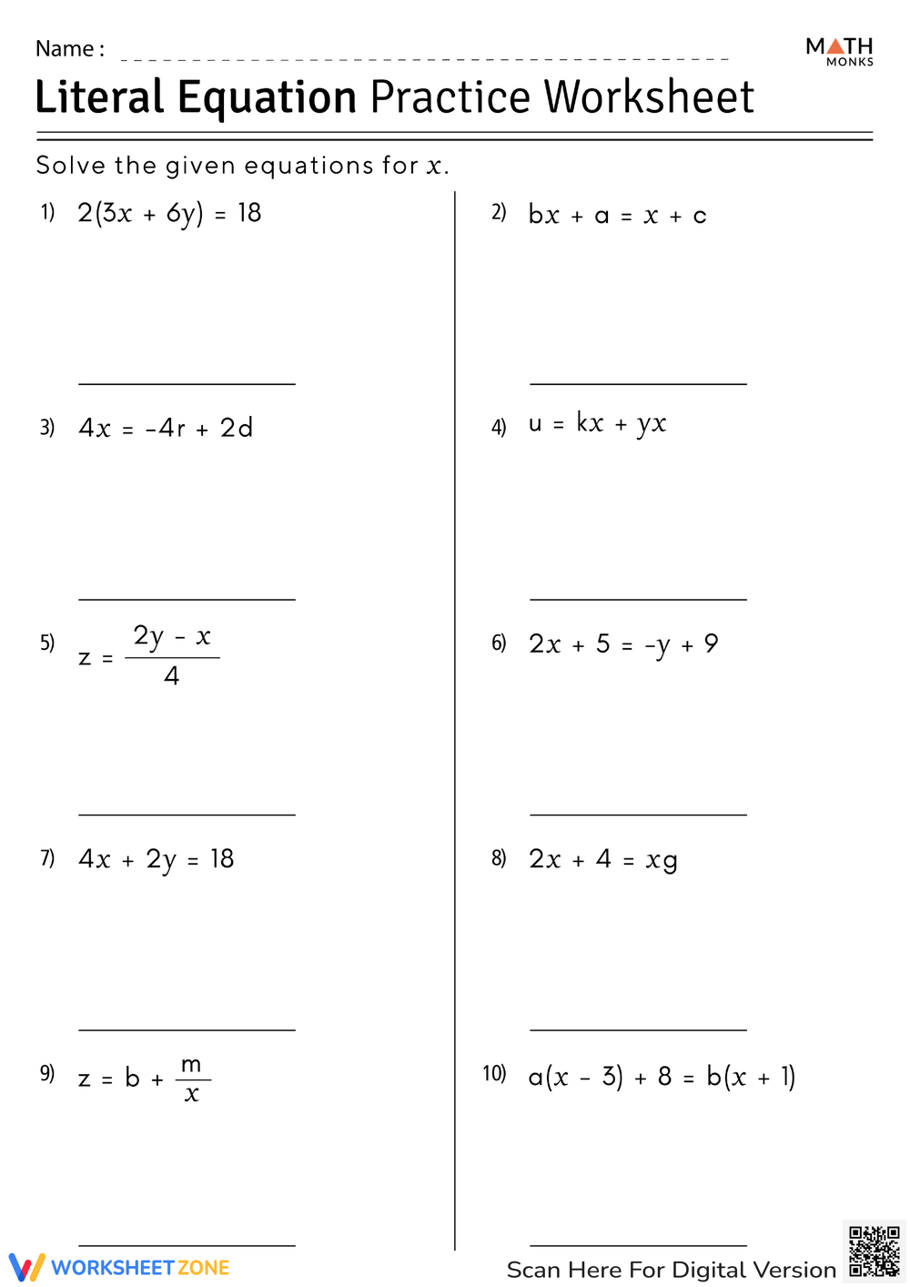 Printable 10th Grade Equations Fill In The Blanks Worksheets