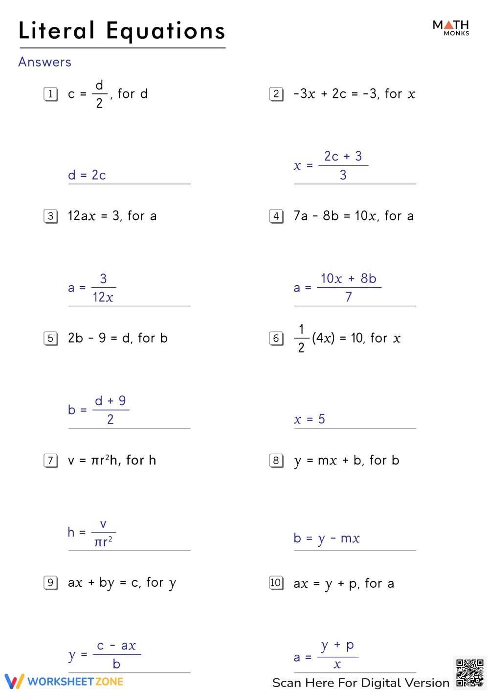 Printable 10th Grade Equations Fill In The Blanks Worksheets