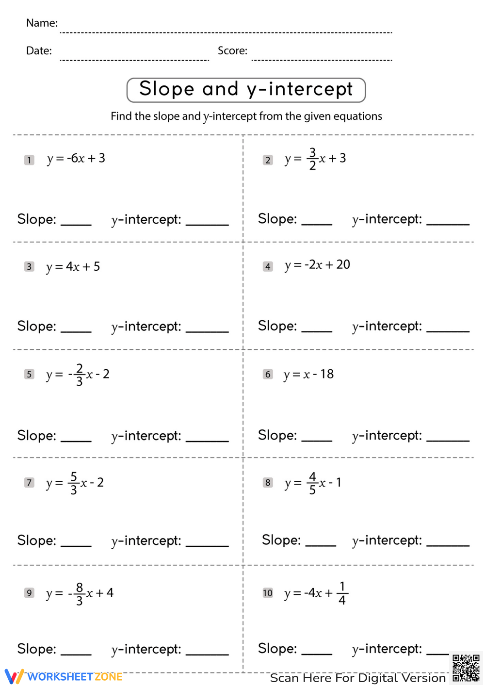 Printable 6th Grade Slope Intercept Form Worksheets Download