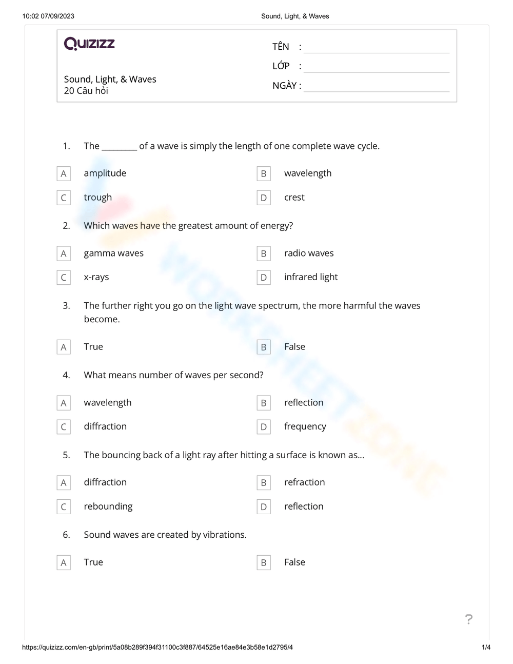 Printable 6th Grade Waves Worksheets