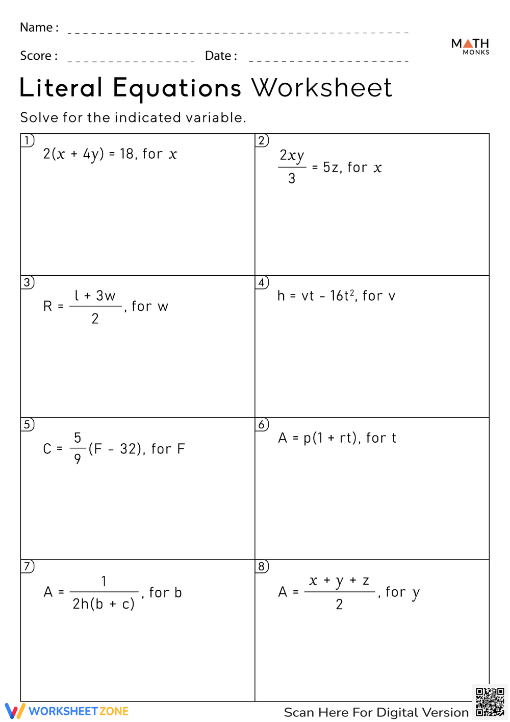 Printable 8th Grade Equations Fill In The Blanks Worksheets Download