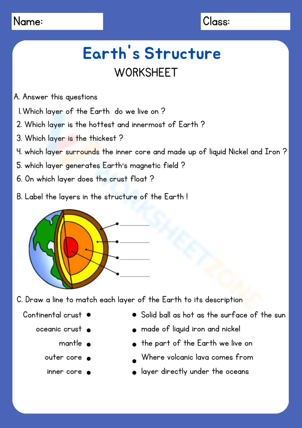 Printable 7th Grade Layers Of The Earth Worksheets