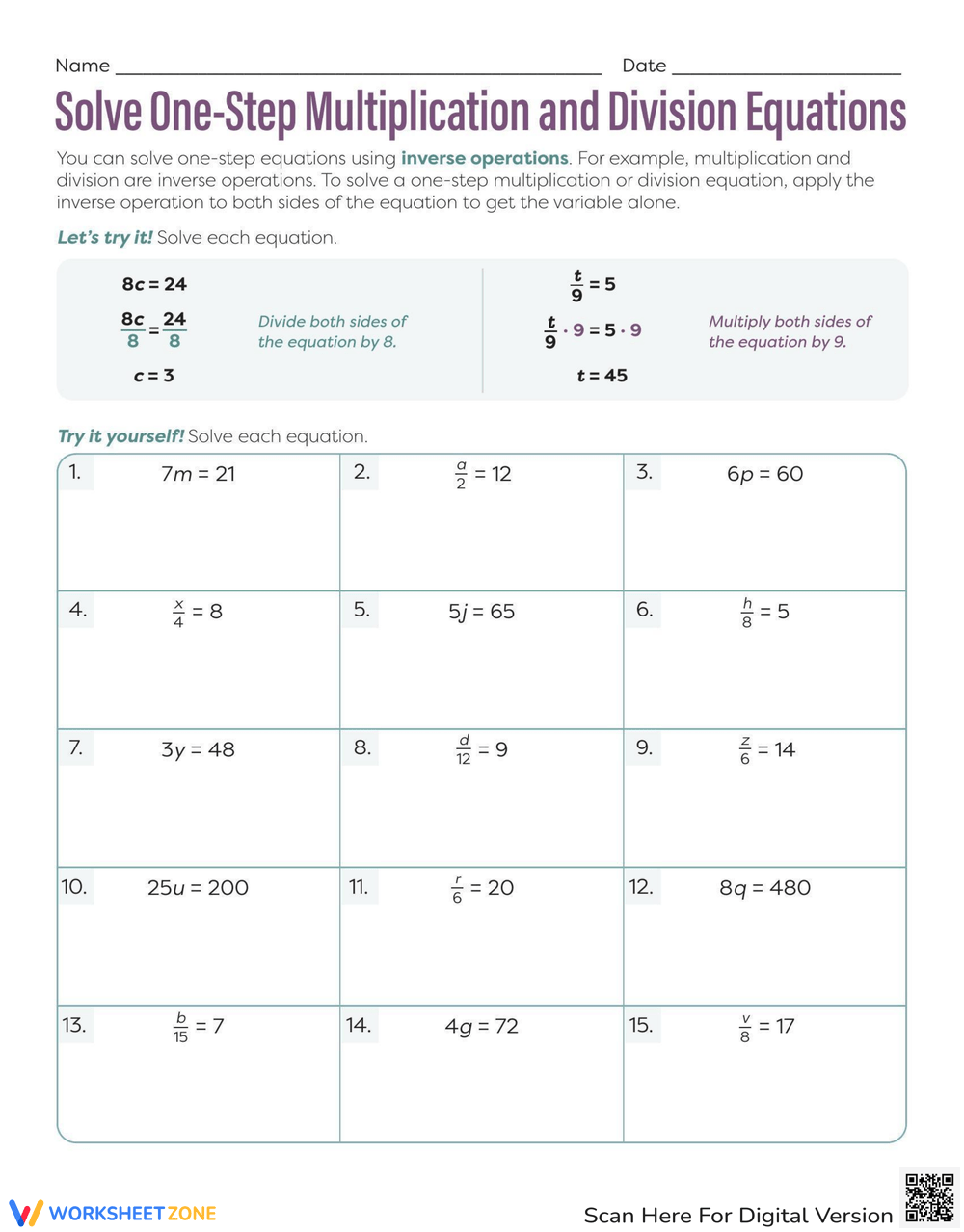 Printable One Variable Equations Worksheets Printable One Variable Equations Worksheets