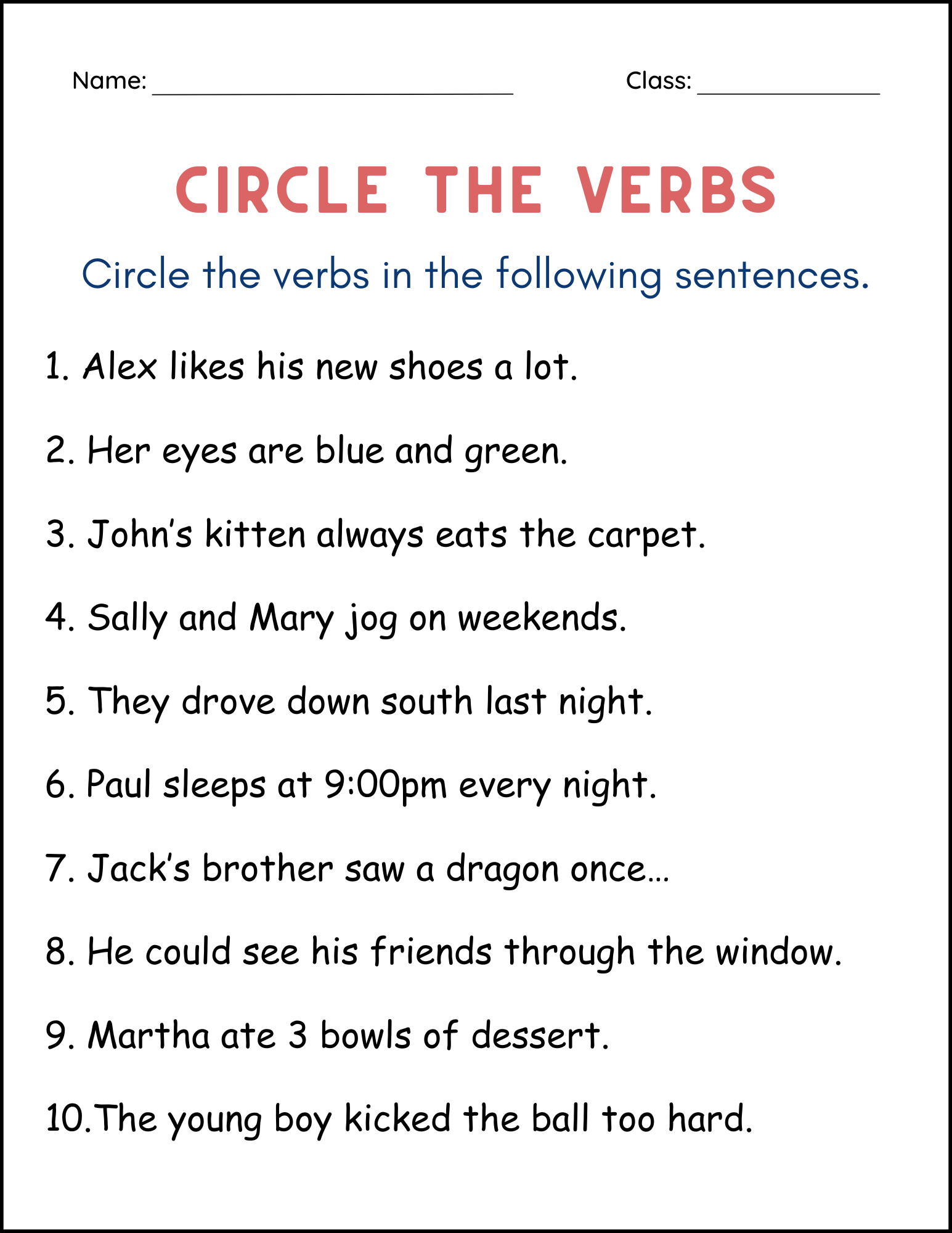 Printable Sentences Circle The Verbs Grammar Worksheet For Grade 2 Made By Teachers