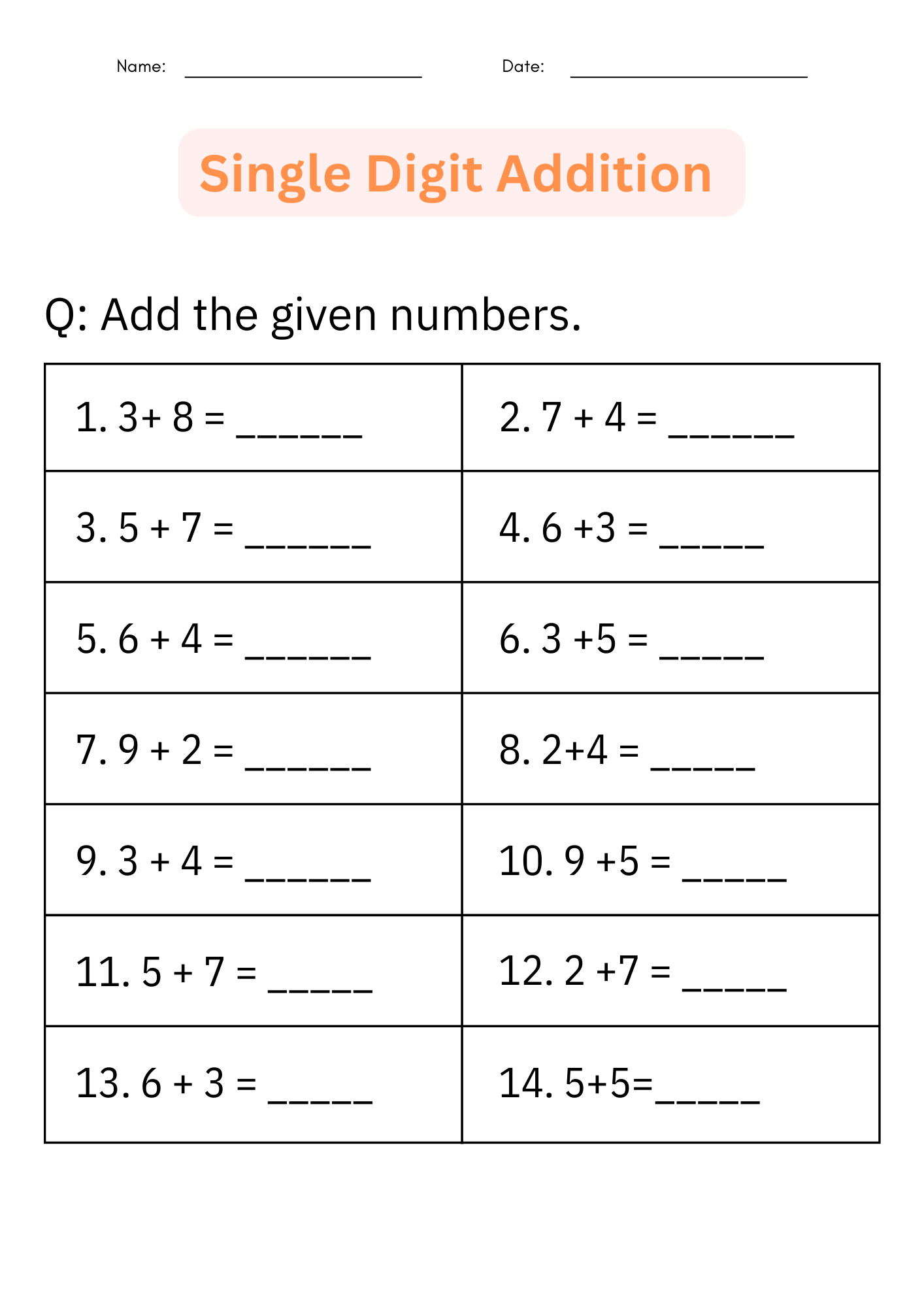 Printable Single Digit Addition 1 To 10 Number Math Worksheets For Grade 1 2 3 Made By Teachers