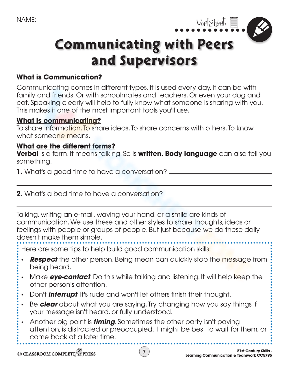 Printable Teaching Communication Skills Worksheets