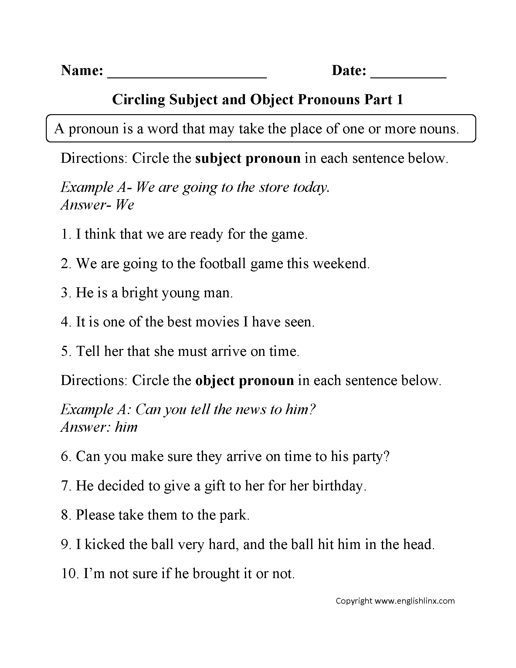 Pronouns Worksheets Subject And Object Pronouns Worksheets
