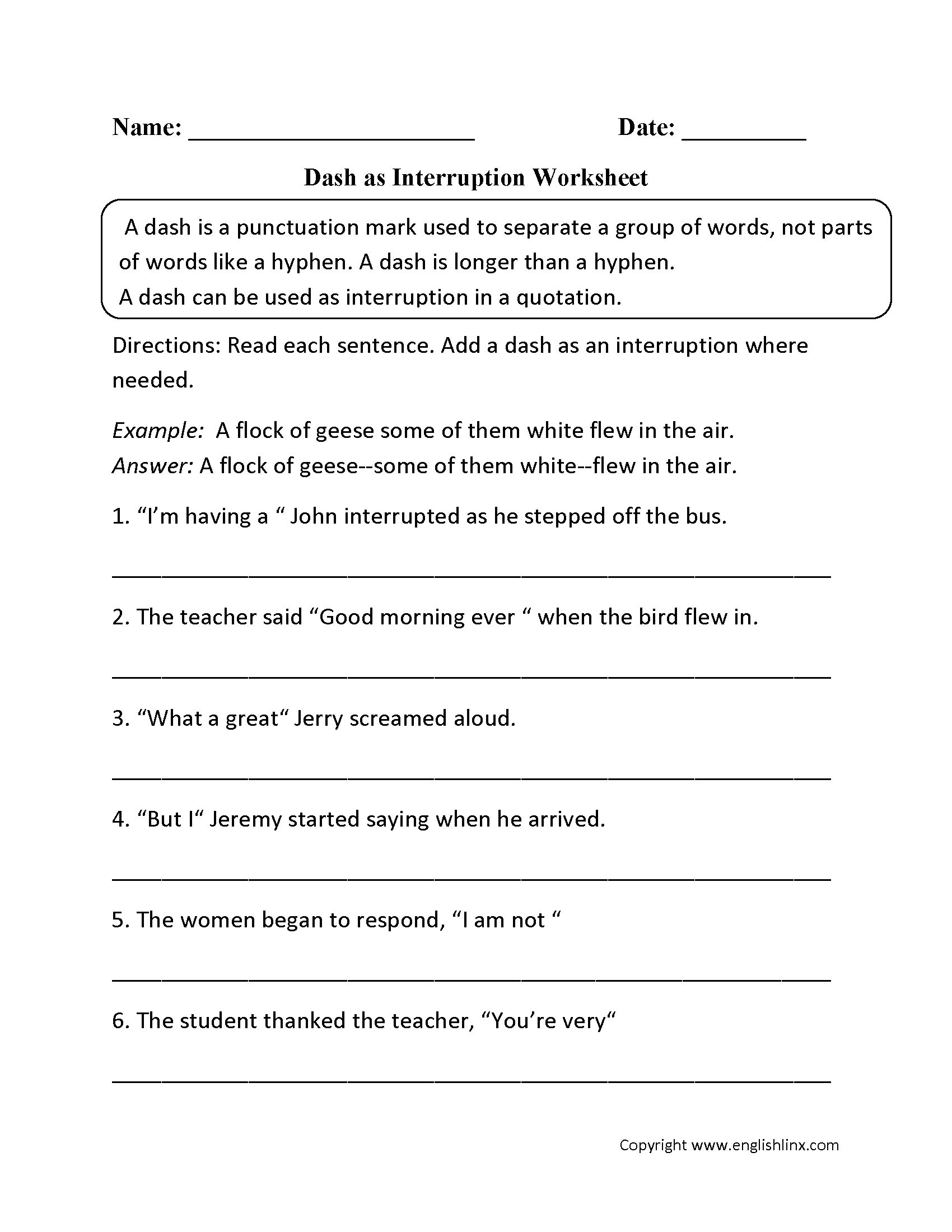 Punctuation Worksheets Dash Worksheets