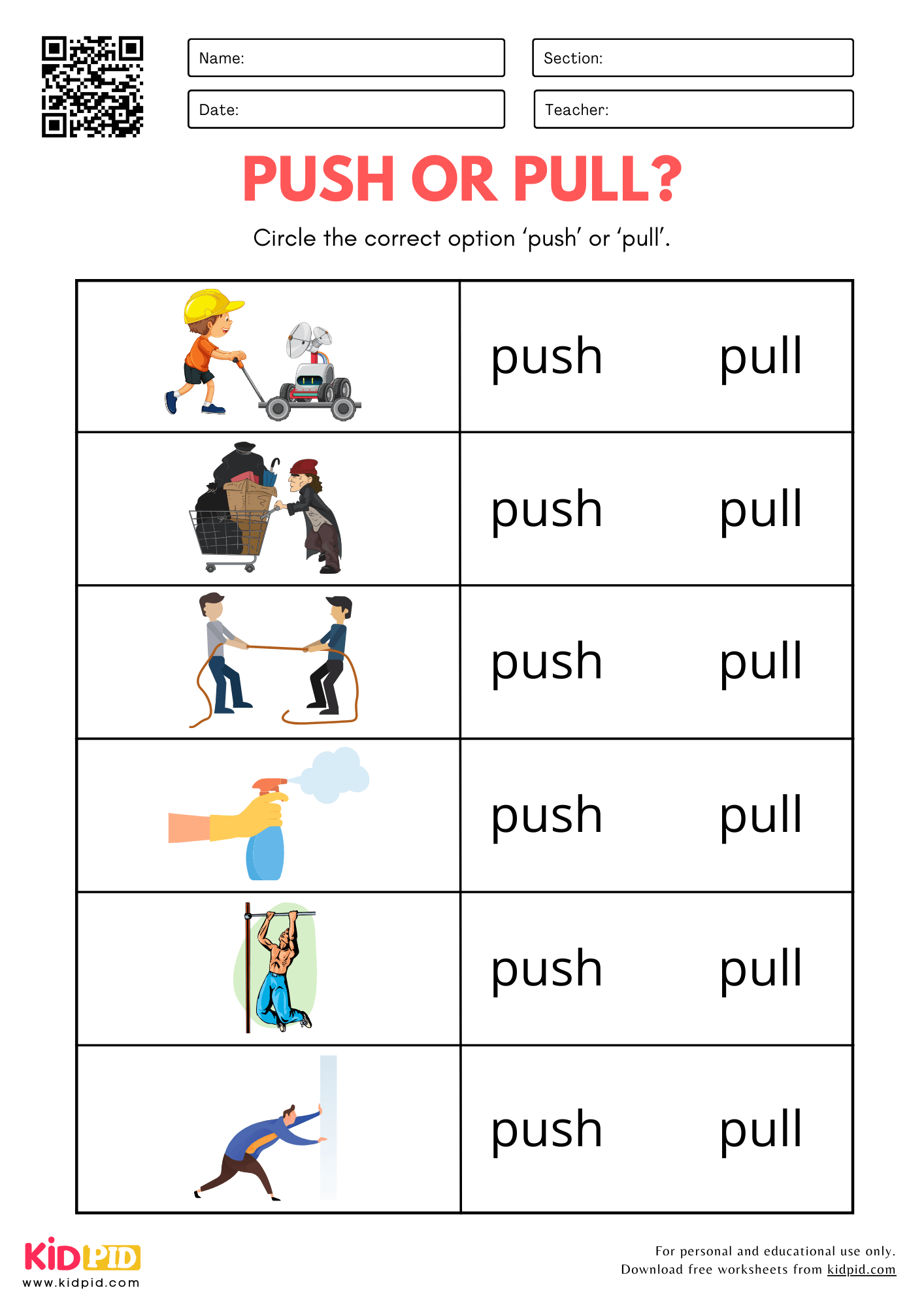 Push Or Pull Identification Worksheet For Kindergarten Kidpid
