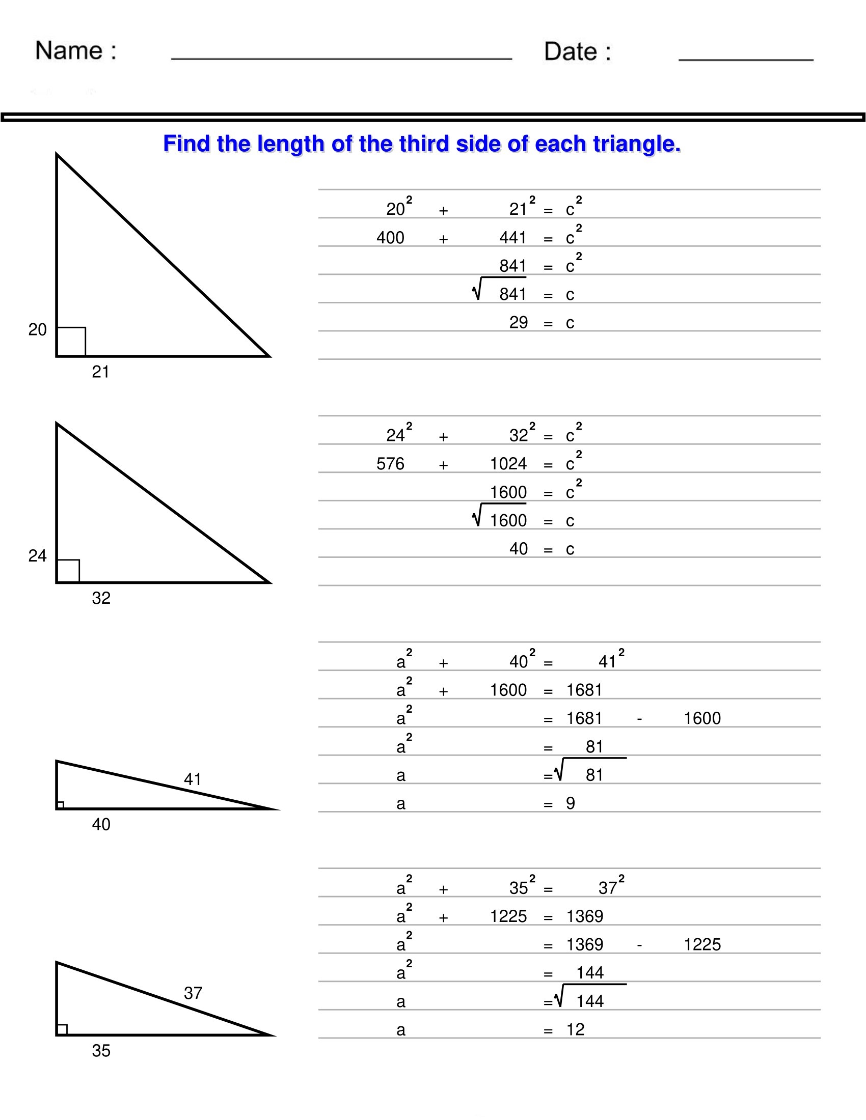 Pythagorean Theorem Problems Worksheets Find The Length Of The Third Side Made By Teachers