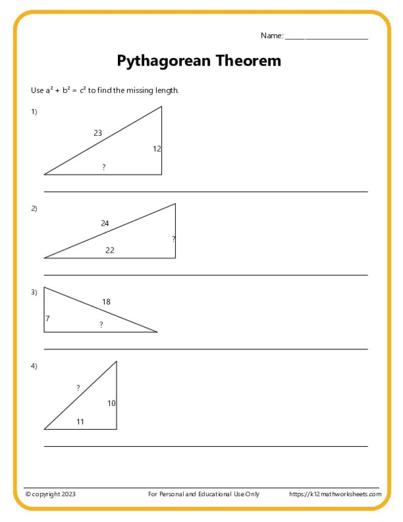 Pythagorean Theorem Worksheets Pythagoras Theorem Questions