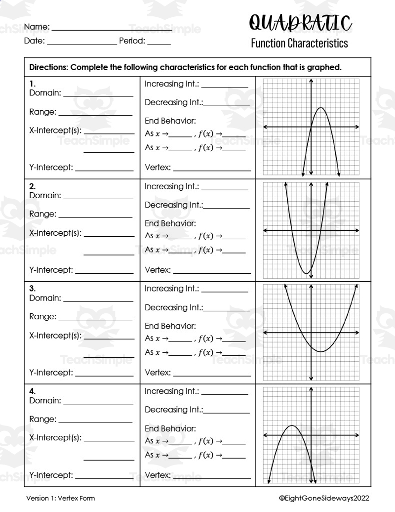 Graphing Quadratics In Vertex Standard Form Worksheets Made By Teachers