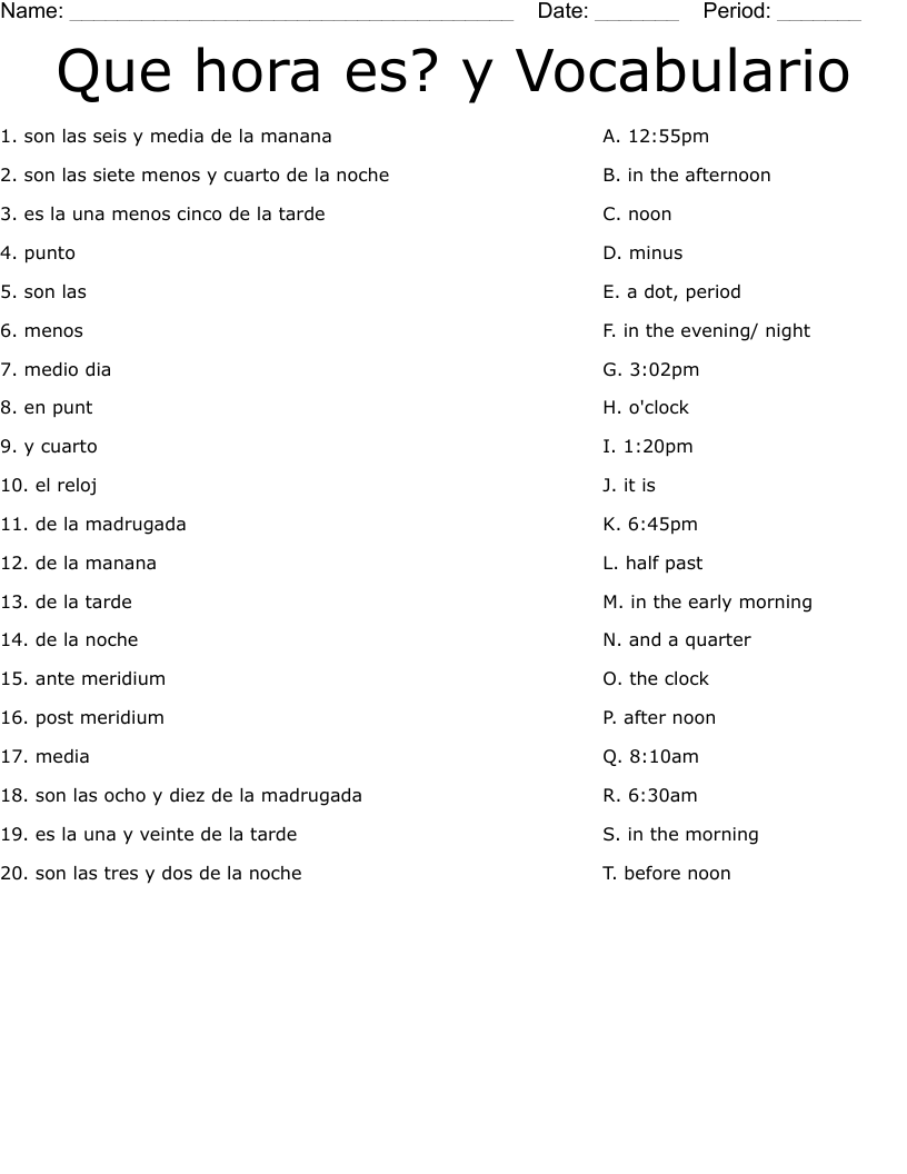Que Hora Es Y Vocabulario Worksheet WordMint